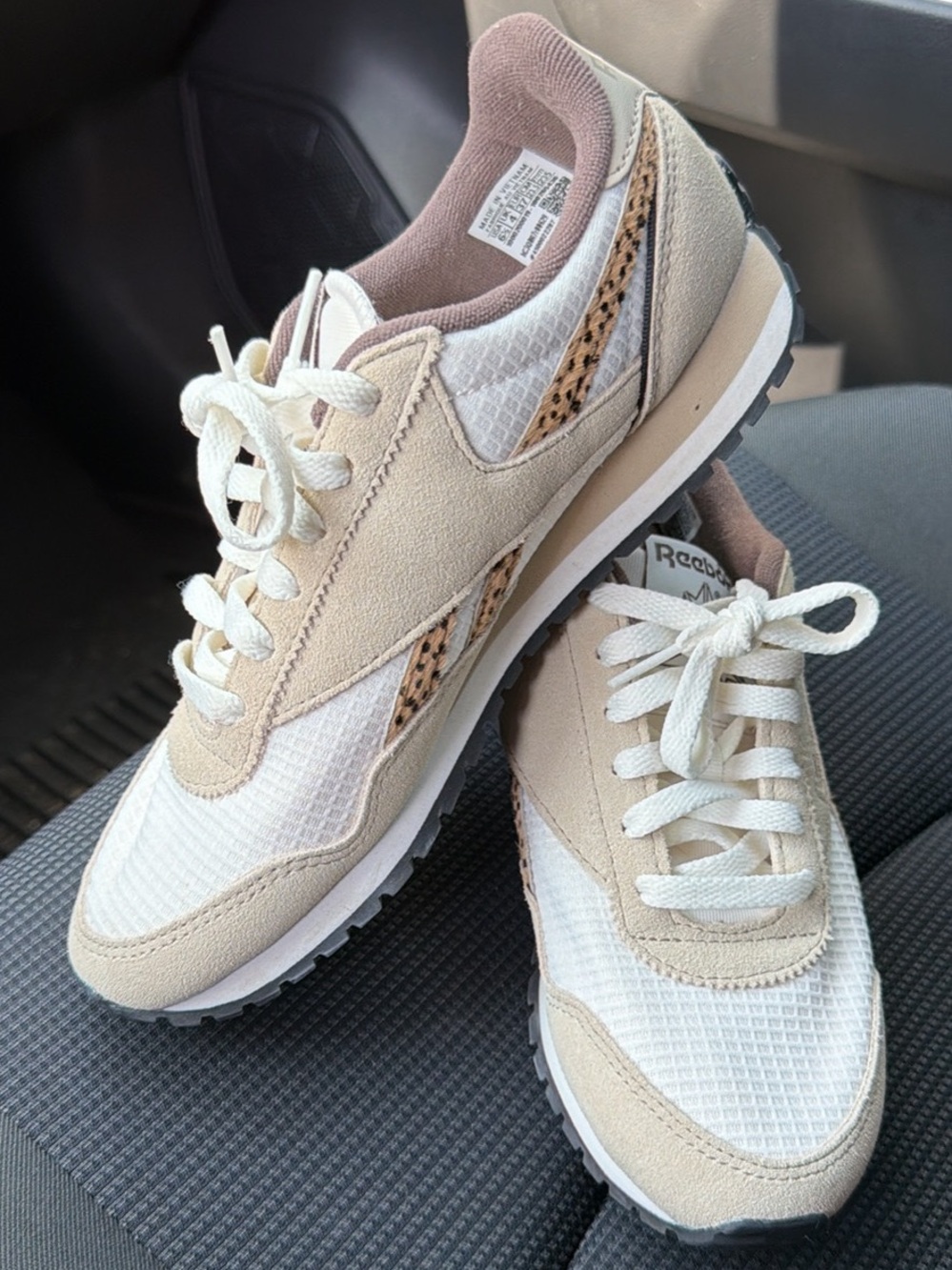 Reebok Women’s White & Beige Sneakers with Leopard Accent